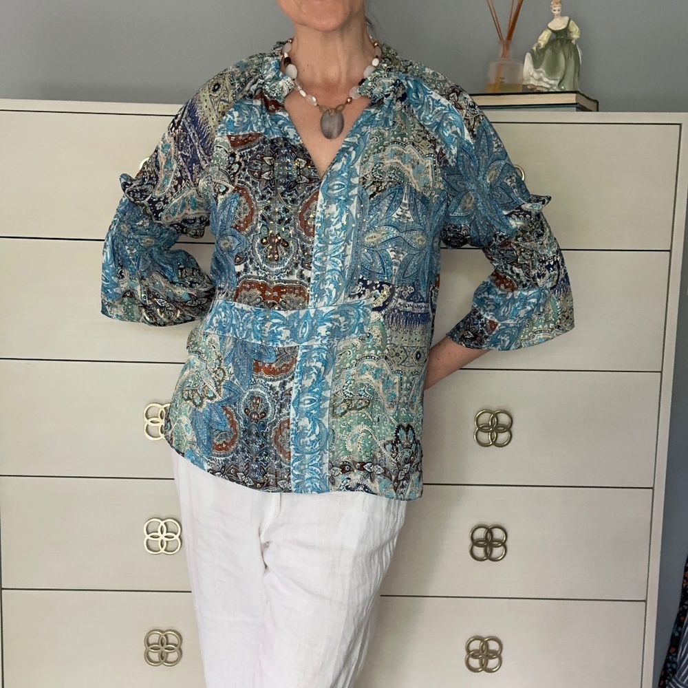 Jade Boho Blouse | 3/4 Bell Sleeve | Multicolor Blue & Gold | Size M